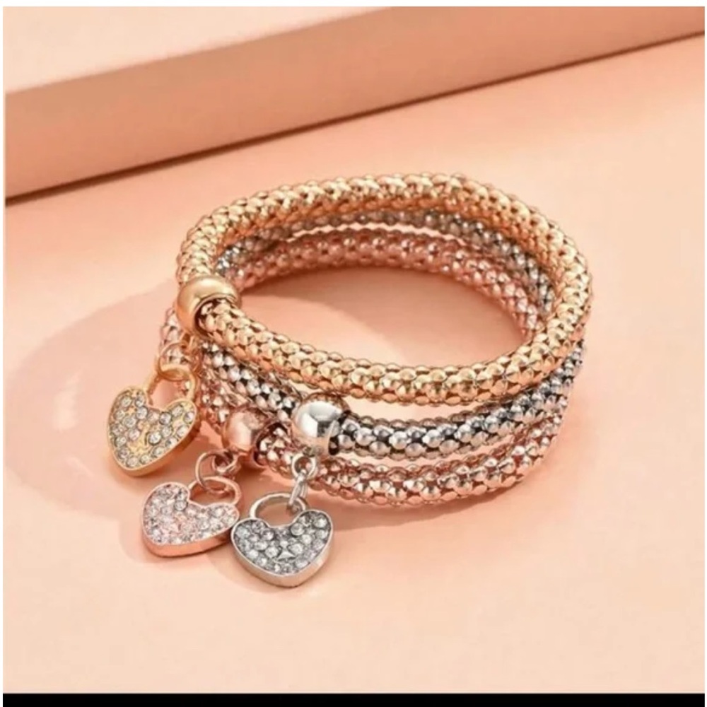 Chic Gold,Silver, and Rose Gold Heart Charm Bracelet 3 piece Set